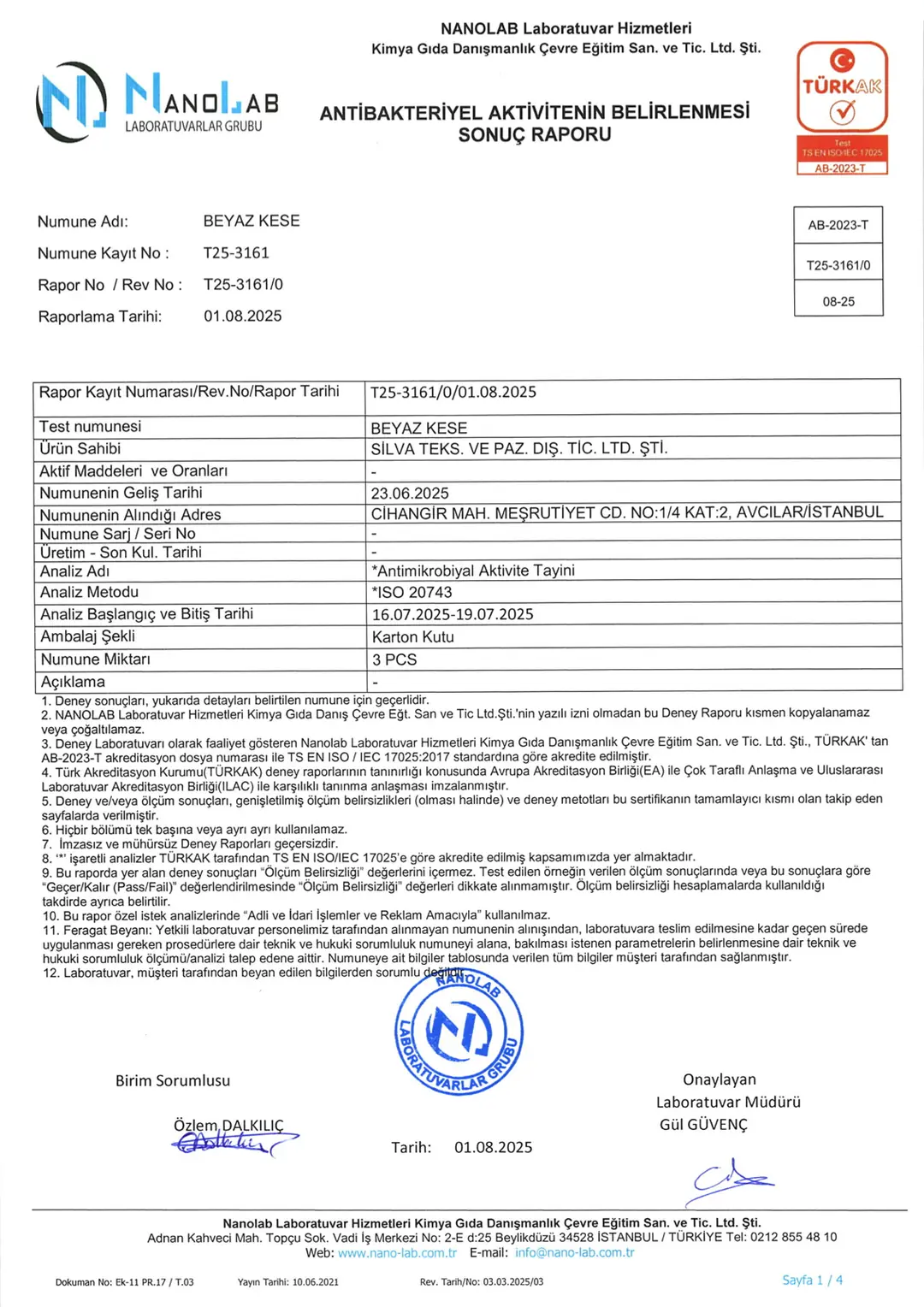 Nanolab antibakteriyel etki raporu T25-3161, Premium Yüz Temizleme Kesesi