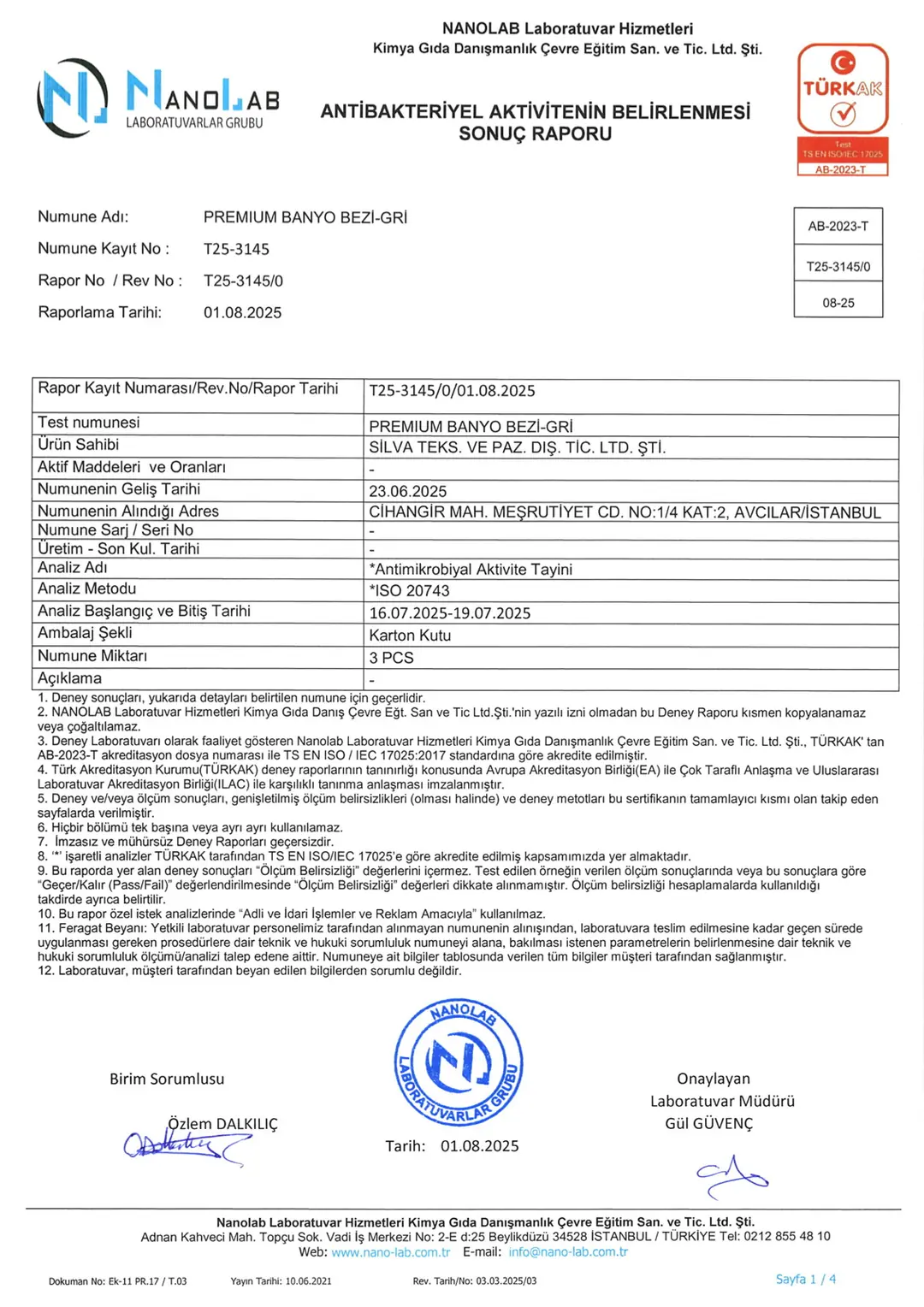 Nanolab antibakteriyel etki raporu T25-3145, Premium Banyo Bezi