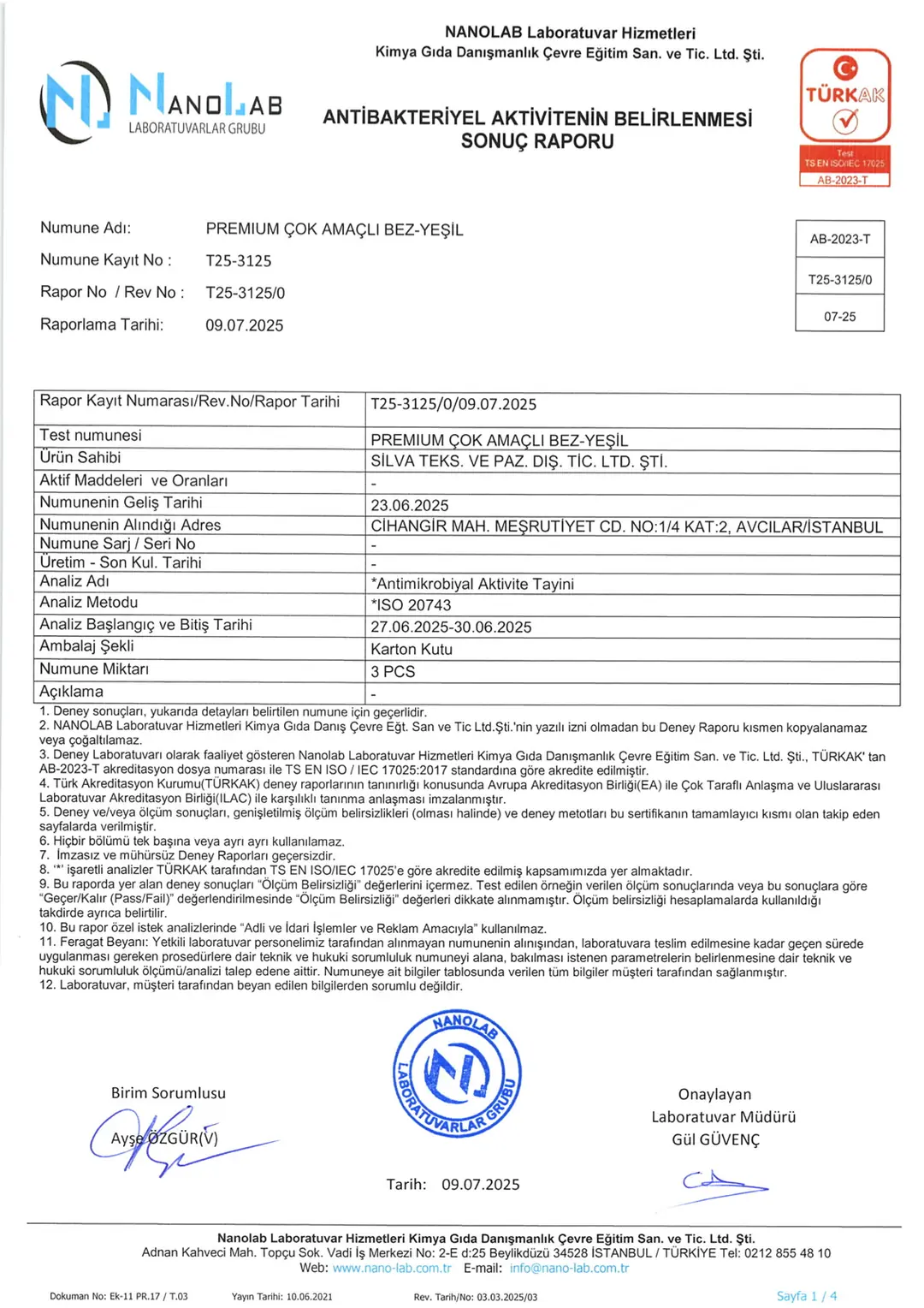 Nanolab antibakteriyel etki raporu T25-3125, Premium Çok Amaçlı Bez