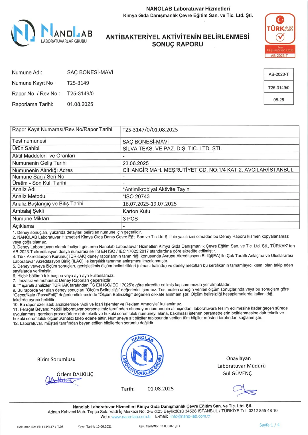 Nanolab antibakteriyel etki raporu T25-3149, Saç Bonesi