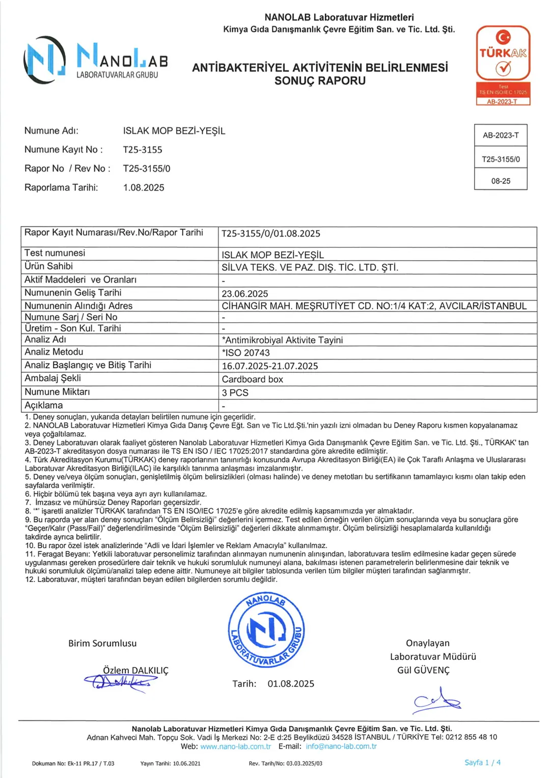 Nanolab antibakteriyel etki raporu T25-3155, Islak Mop Bezi