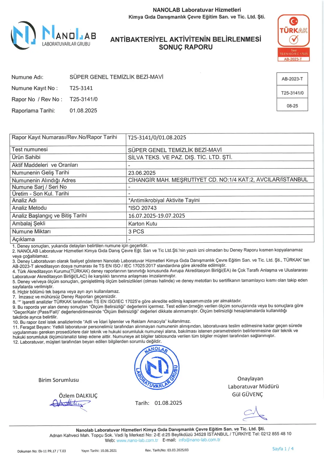 Nanolab antibakteriyel etki raporu T25-3141, Süper Genel Temizlik Bezi