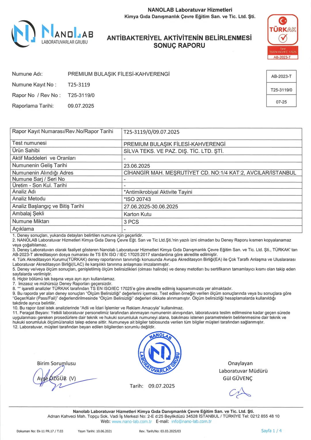 Nanolab antibakteriyel etki raporu T25-3119, Premium Bulaşık Filesi