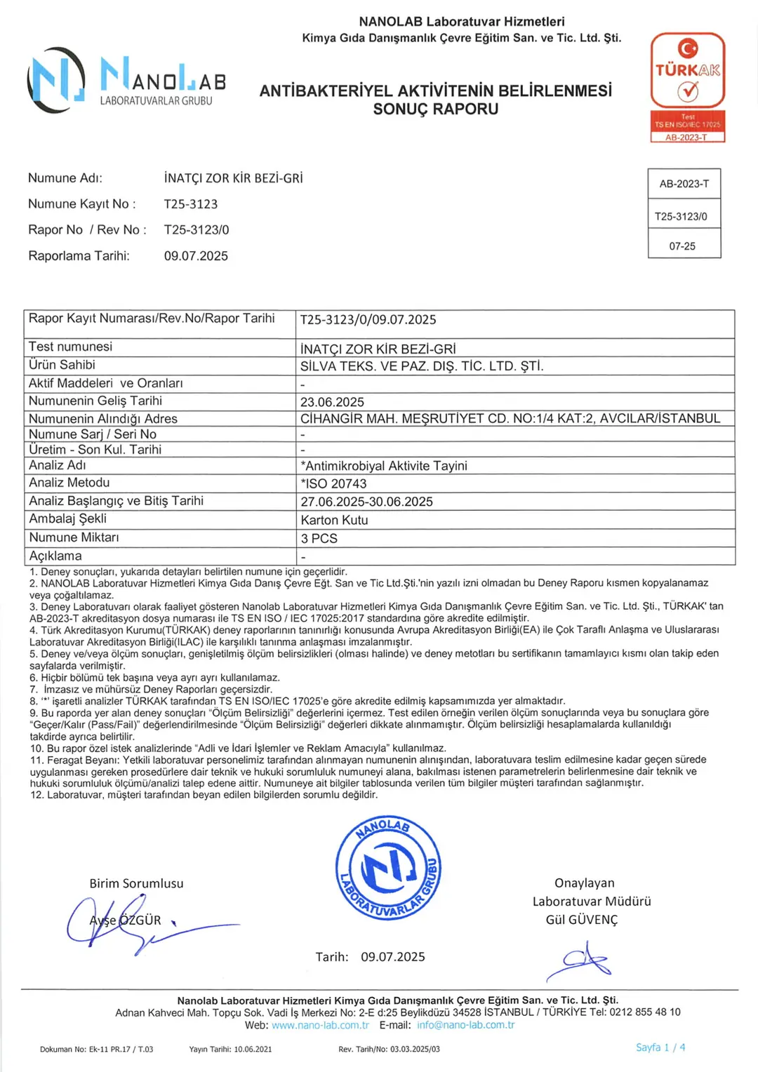 Nanolab antibakteriyel etki raporu T25-3123, Essentials İnatçı Zor Kir Bezi