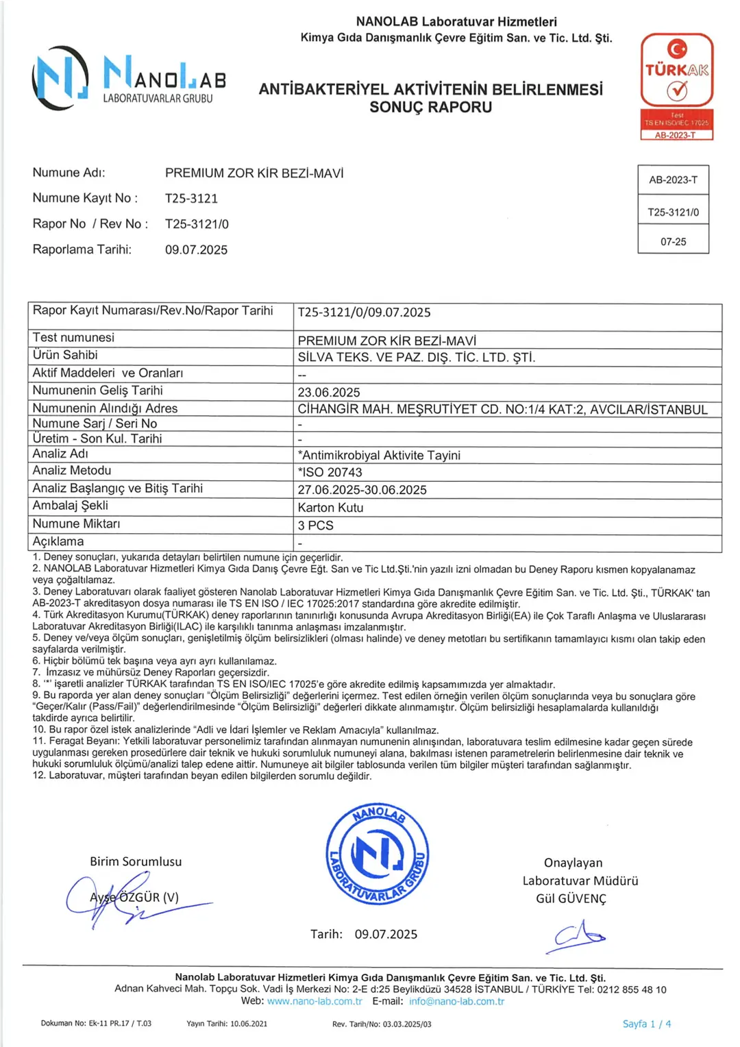 Nanolab antibakteriyel etki raporu T25-3121, Premium Zor Kir Bezi