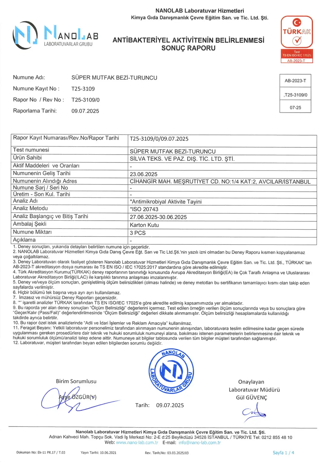 Nanolab antibakteriyel etki raporu T25-3109, Essentials Süper Mutfak Bezi