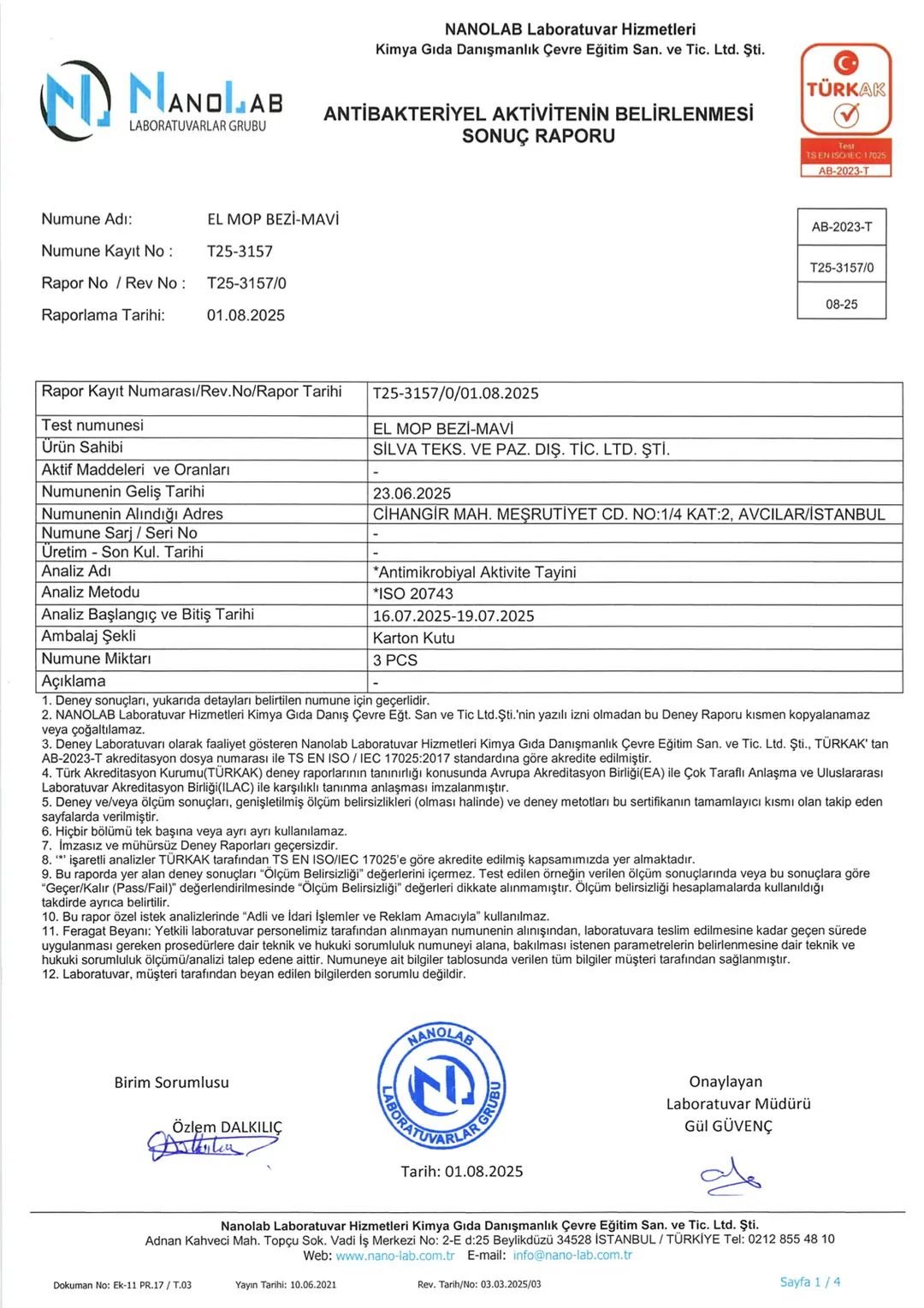 Nanolab antibakteriyel etki raporu T25-3157, El Mop Bezi