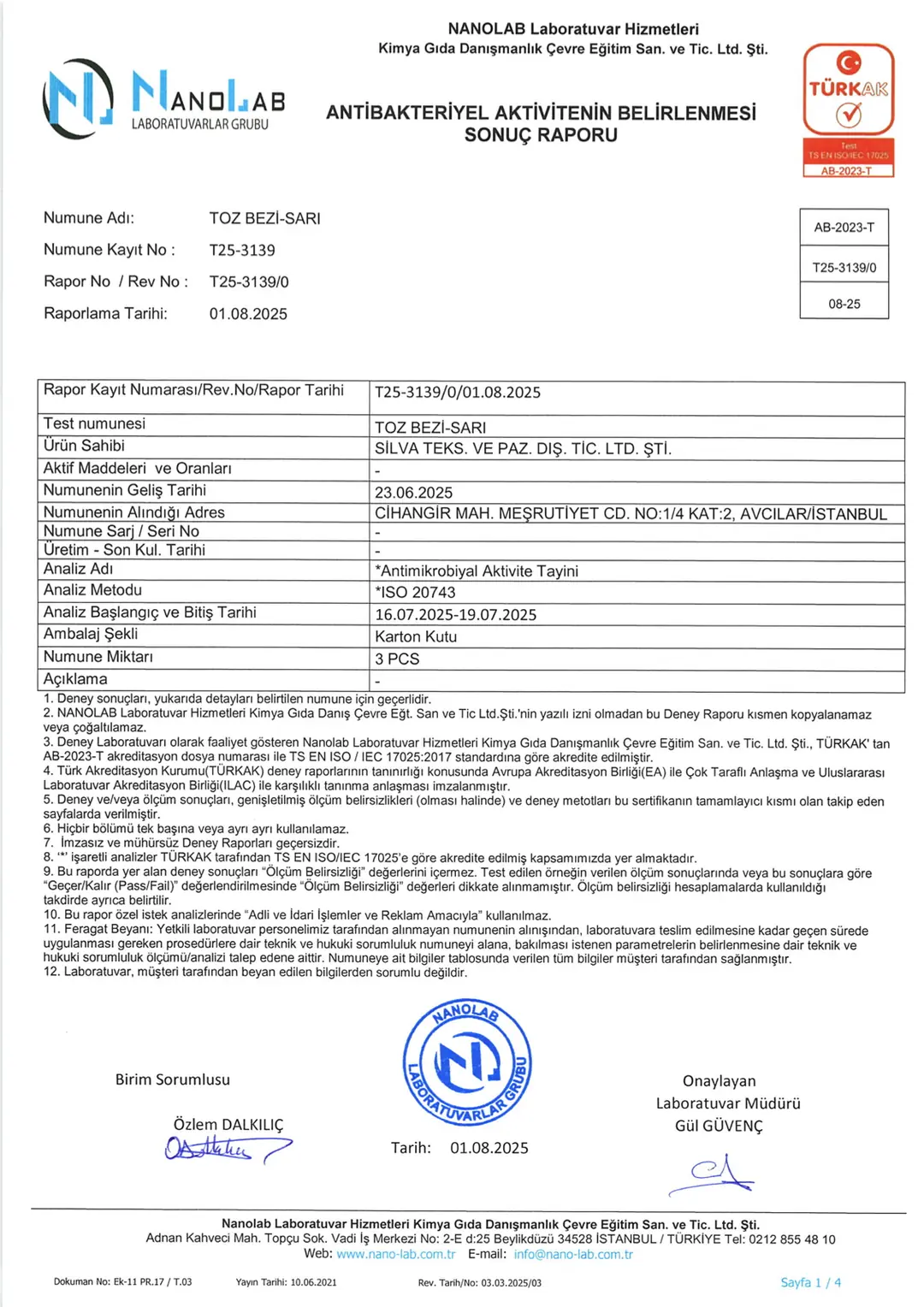 Nanolab antibakteriyel etki raporu T25-3139, Toz Bezi