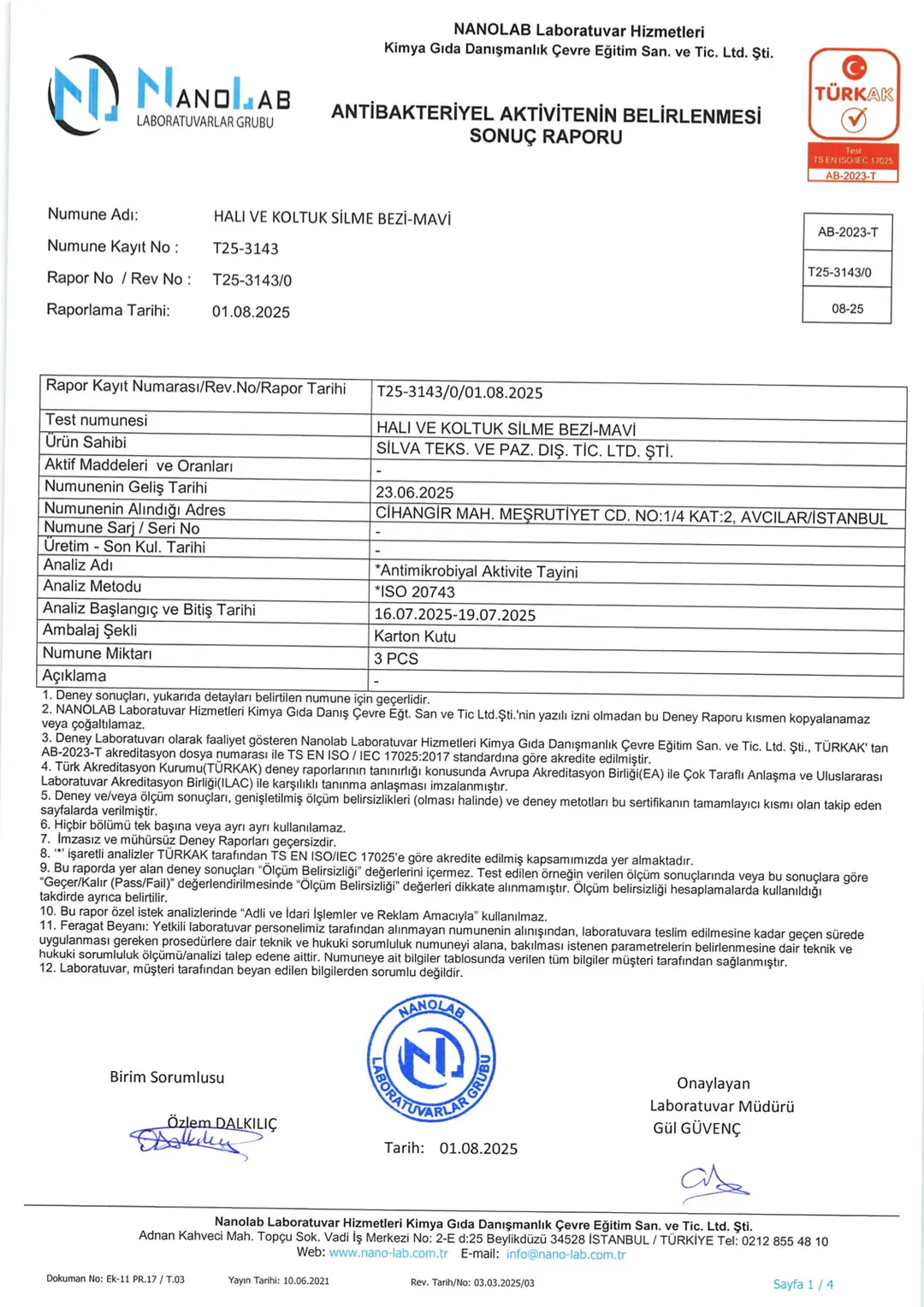 Nanolab antibakteriyel etki raporu T25-3143, Halı ve Koltuk Silme Bezi